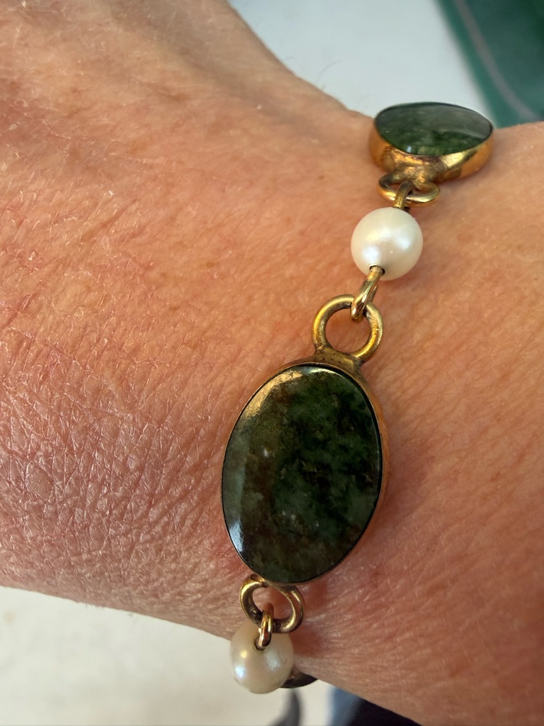 Vtg Chinese Grade A Jade & Pearls 12k Gold Filled Bracelet